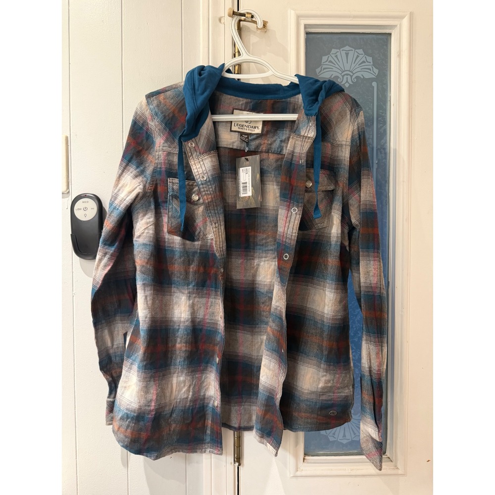 Legendary Whitetails Mens Plaid Hooded Flannel Shirt Blue Tan Rust Medium NEW